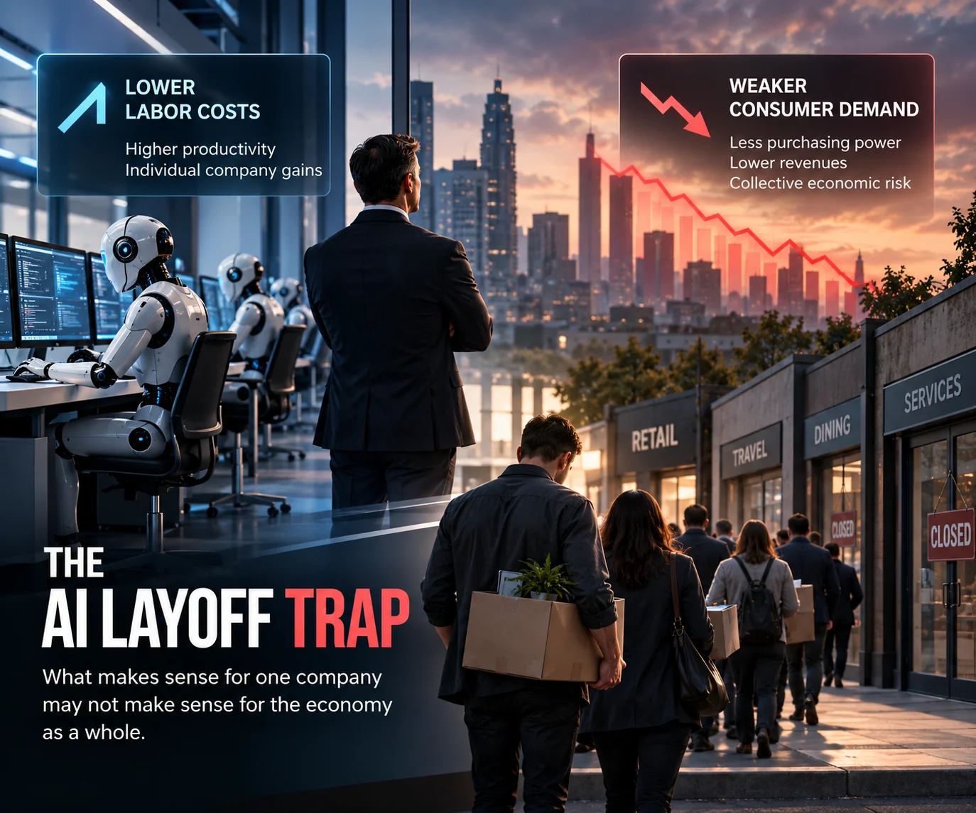 AI-powered office automation contrasted with displaced workers and weaker consumer demand across nearby businesses.