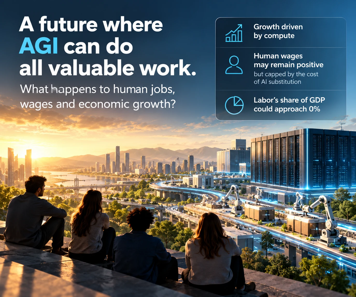 People overlooking an AI-powered city, with an infographic about compute-driven growth, human wages and labor’s shrinking share of GDP