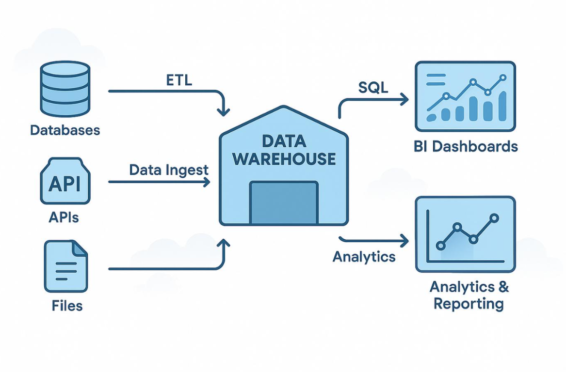 Data platform architecture connecting databases, APIs and files to a data warehouse, BI dashboards and analytics