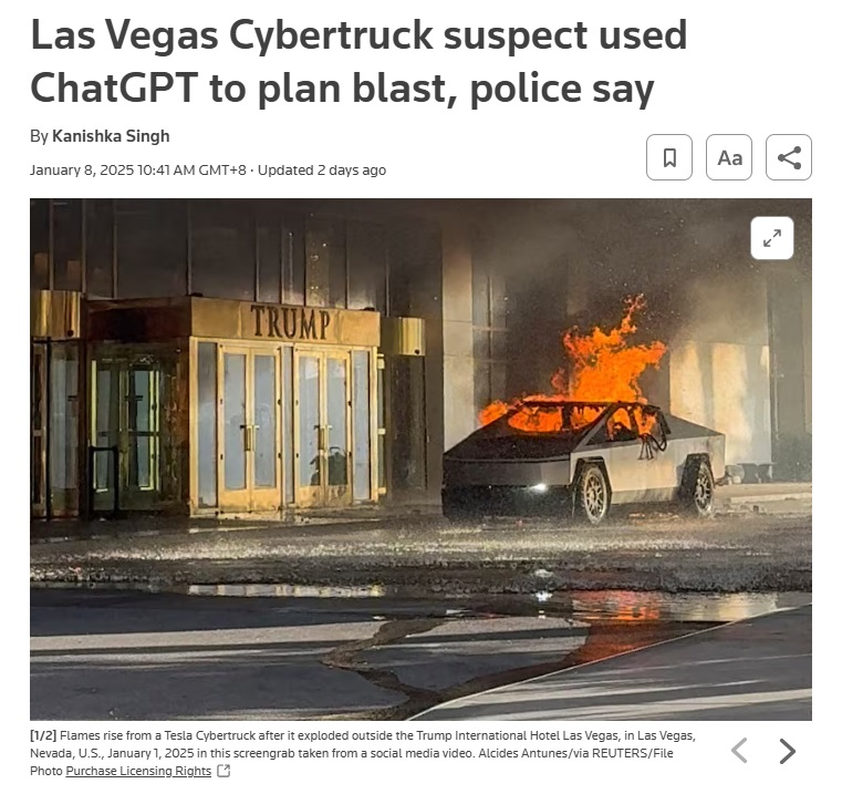 Headline about the Las Vegas Cybertruck suspect using ChatGPT to plan the blast
