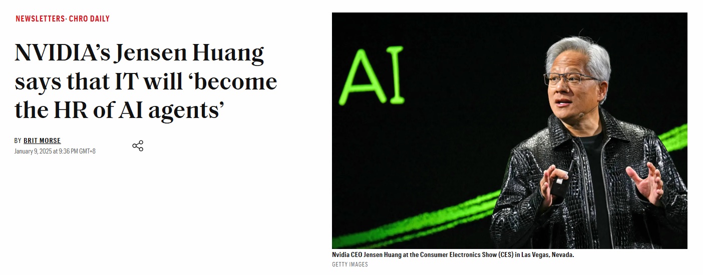 Headline quoting NVIDIA CEO Jensen Huang on IT becoming the HR function for AI agents